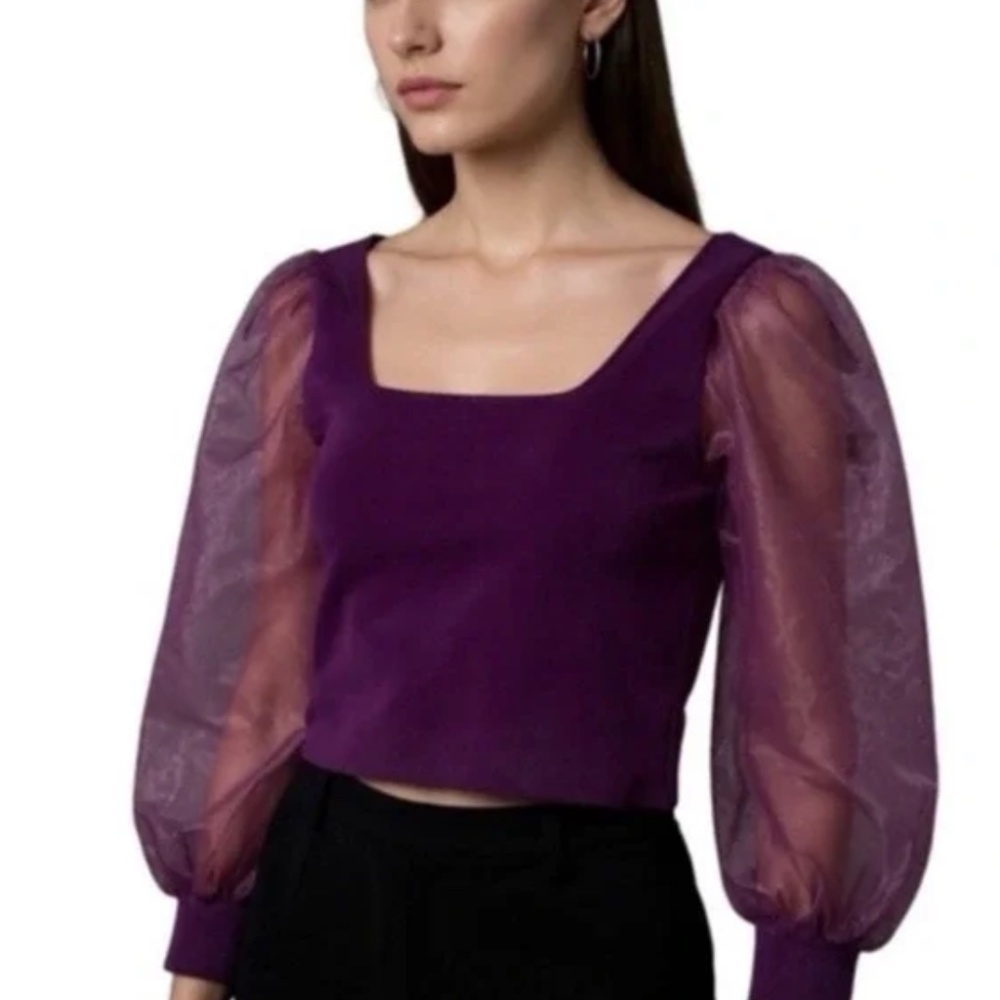 House of Harlow 1960 Chiffon Organza Puff Sleeve Blouse in Purple
